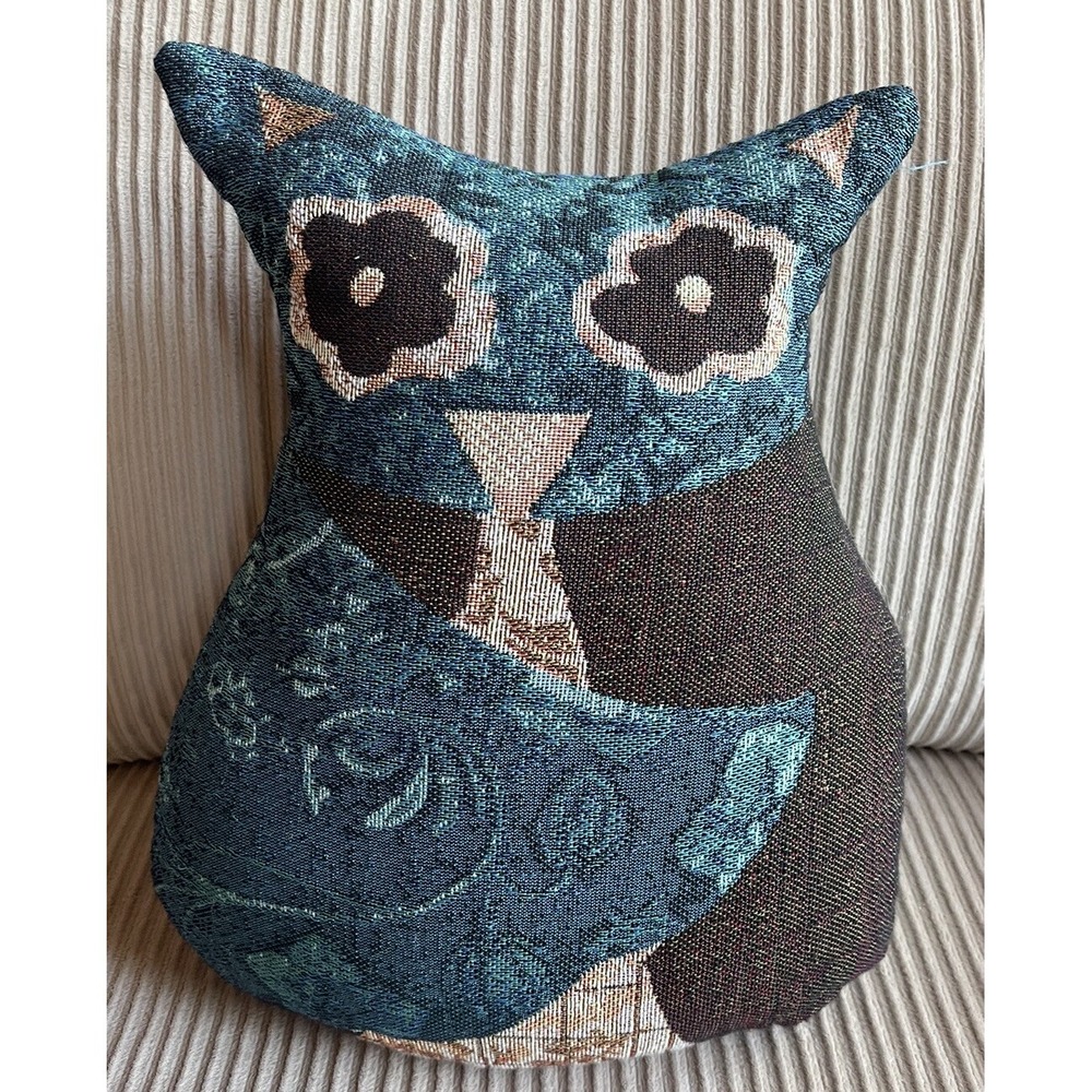 Owl Shaped Throw Pillow Tapestry Brown Blue Harvest Owl w/ Tie Christine Adolph